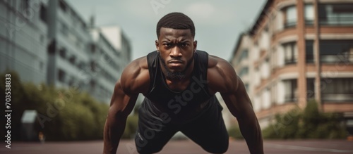 Black male athlete training outdoors, warming up on track for fitness, sports performance, and commitment to cardio workout. photo