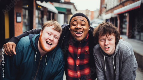 copy space, stockphoto, high quality photo, young man with down syndrome posing with other friends. Accepting people with disiblilties or mental disadvantaged people. Disability awareness theme. photo