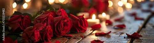 Amidst the cozy indoor glow of christmas candles, a vibrant bouquet of red roses adds a touch of warmth and elegance to the festive ambiance photo