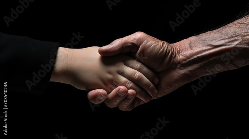 Handshake of a man and a child on a black background. Happy Fathers Day