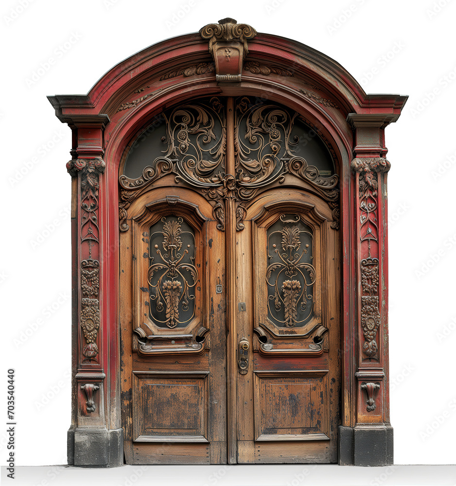 Antique closed front door with decorative details. Vintage wooden double door isolated on white background.