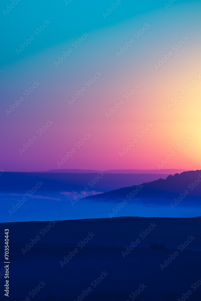 Sunrise landscape, colorful warm cold nature, world, river, hills and village