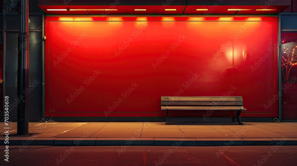 Red wall and bench in the city at night Red wall and bench in the city at night