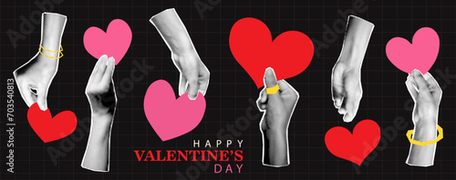 Halftone hands holding red and pink hearts collage elements for Valentines day design. Cutout magazine shapes and doodles. Modern retro vector illustration