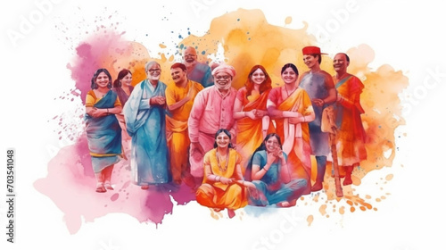 Indian people celebrating Hindu Holi Festival. Watercolor style poster illustration. attractive vector illustration, even colors, celebrating holi festival. illustration of the holi festival in India.