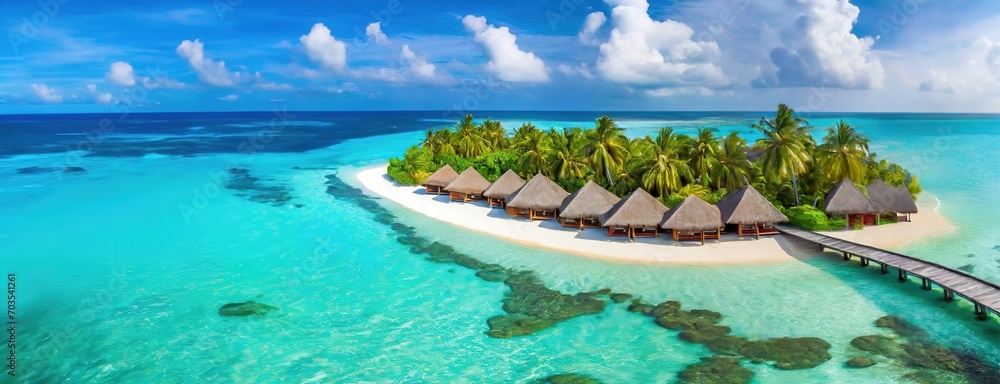 Overwater bungalows dot the coastline of a lush Maldivian island, offering a picturesque retreat above a crystal-clear sea, under a clear blue sky. White sand beach on secluded tropical islet.