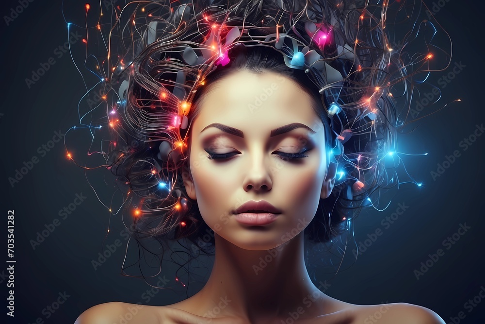 woman with creative makeup and hairstyle, relaxing mind girl electrography 
