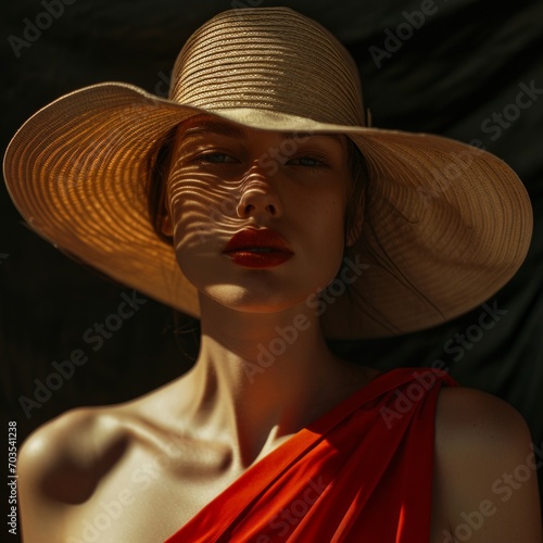 a woman wearing a hat and red dress