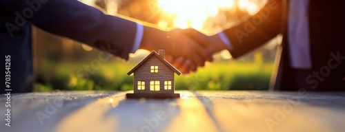 Two men engage in a real estate transaction, shaking hands over a small model house, symbolizing the concepts of buying, selling, or renting property. photo