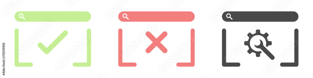Obraz premium Web site technical page icon set. Website icon with check mark, cross and gear. Site crash, lack of internet and other problems of web pages icon set. Vector illustration.
