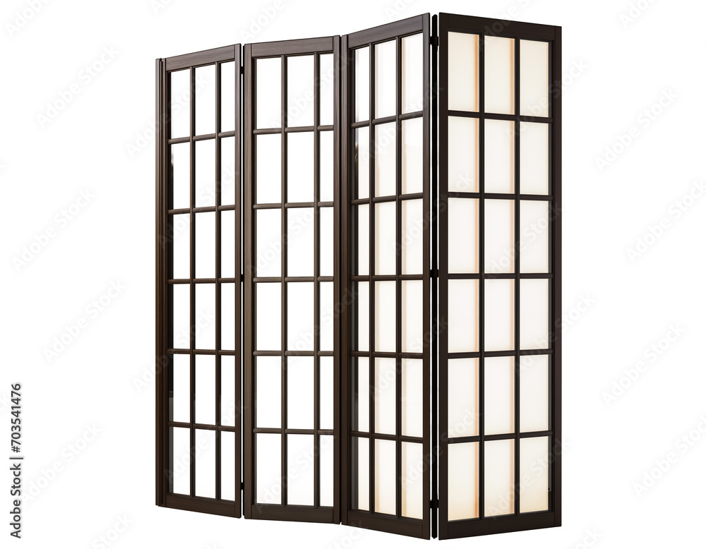 Wooden folding screen room divider. Modern foldable mobile partition. Wood screen of white transparent background, png Wooden folding screen room divider. Modern foldable mobile partition. Wood screen of white transparent background, png