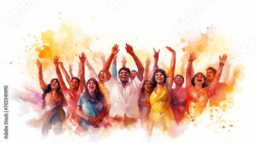 Indian people celebrating Hindu Holi Festival. Watercolor style poster illustration. attractive vector illustration, even colors, celebrating holi festival. illustration of the holi festival in India. photo