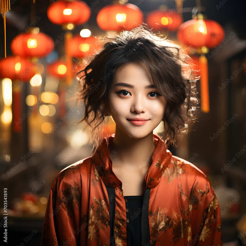Beautiful Short Haired Asian Woman in Traditional Dress with Blurred Lantern Background. Asian Women Celebrate the Lunar New Year Festival Beautiful Short Haired Asian Woman in Traditional Dress with Blurred Lantern Background. Asian Women Celebrate the Lunar New Year Festival