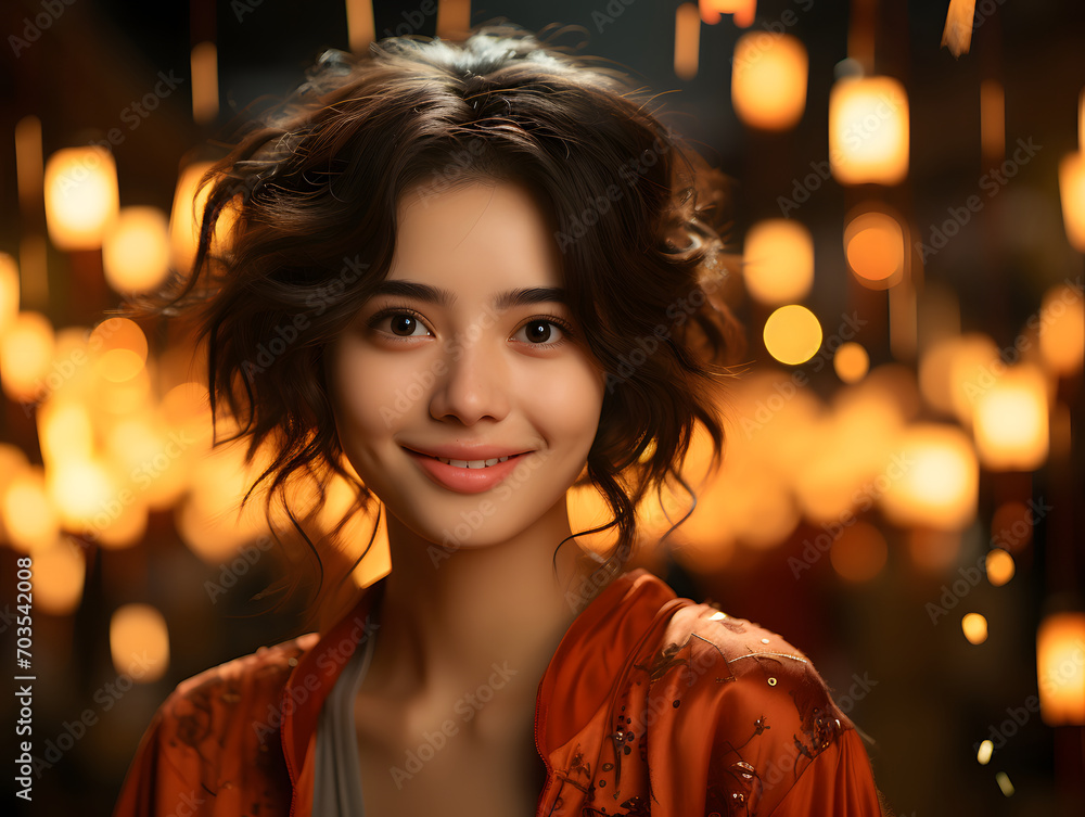 Beautiful Short Haired Asian Woman in Traditional Dress with Blurred Lantern Background. Asian Women Celebrate the Lunar New Year Festival Beautiful Short Haired Asian Woman in Traditional Dress with Blurred Lantern Background. Asian Women Celebrate the Lunar New Year Festival