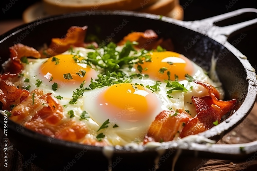 Rustic Breakfast - Sizzling Bacon and Eggs in Cast Iron Skillet, Delicious Meal on Wooden Table Rustic Breakfast - Sizzling Bacon and Eggs in Cast Iron Skillet, Delicious Meal on Wooden Table