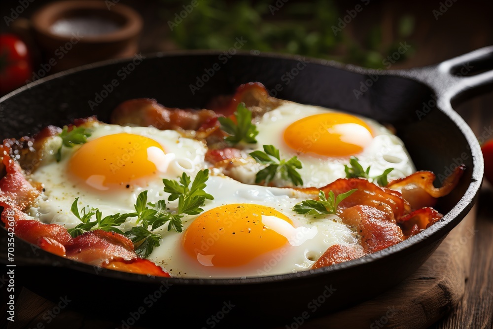 Rustic Breakfast Scene - Sizzling Bacon and Eggs in Cast Iron Skillet on Wooden Table Rustic Breakfast Scene - Sizzling Bacon and Eggs in Cast Iron Skillet on Wooden Table