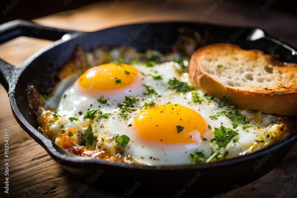 Rustic Breakfast Scene with Sizzling Bacon and Eggs in Cast Iron Skillet on Wooden Table Rustic Breakfast Scene with Sizzling Bacon and Eggs in Cast Iron Skillet on Wooden Table