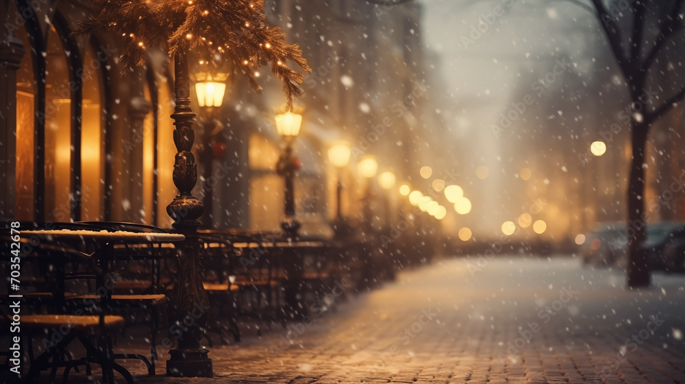 Enchanting winter evening: festive blurred street at Christmas