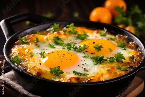 Sizzling Bacon and Eggs in Rustic Cast Iron Skillet on Wooden Table in Cozy Kitchen
