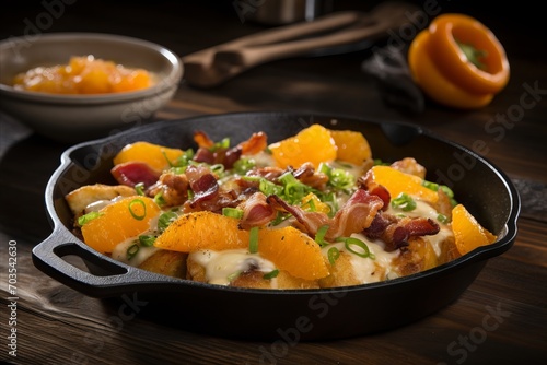 Rustic Breakfast - Bacon and Eggs Sizzling in Cast Iron Skillet on Vintage Wooden Table