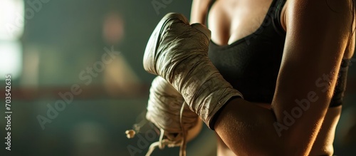 Barefoot female kickboxer with hand wraps.