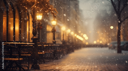 Enchanting winter evening  festive blurred street at Christmas