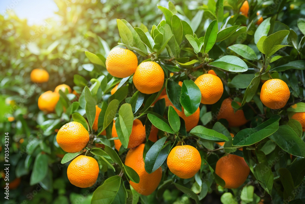 fresh oranges tangerines growing on branches with green leaves in sunny fruiting garden. fresh oranges tangerines growing on branches with green leaves in sunny fruiting garden.
