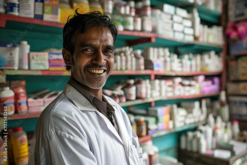 A man from India stands in a pharmacy in a white coat in front of shelves of medicines. Medicine A man from India stands in a pharmacy in a white coat in front of shelves of medicines. Medicine