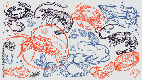 Hand drawn isolated vector set of seafood. Shrimps, langoustines, prawns, salmon, trout, oysters, mussels, squid, crab. Food vintage illustration  and template on a white background. 