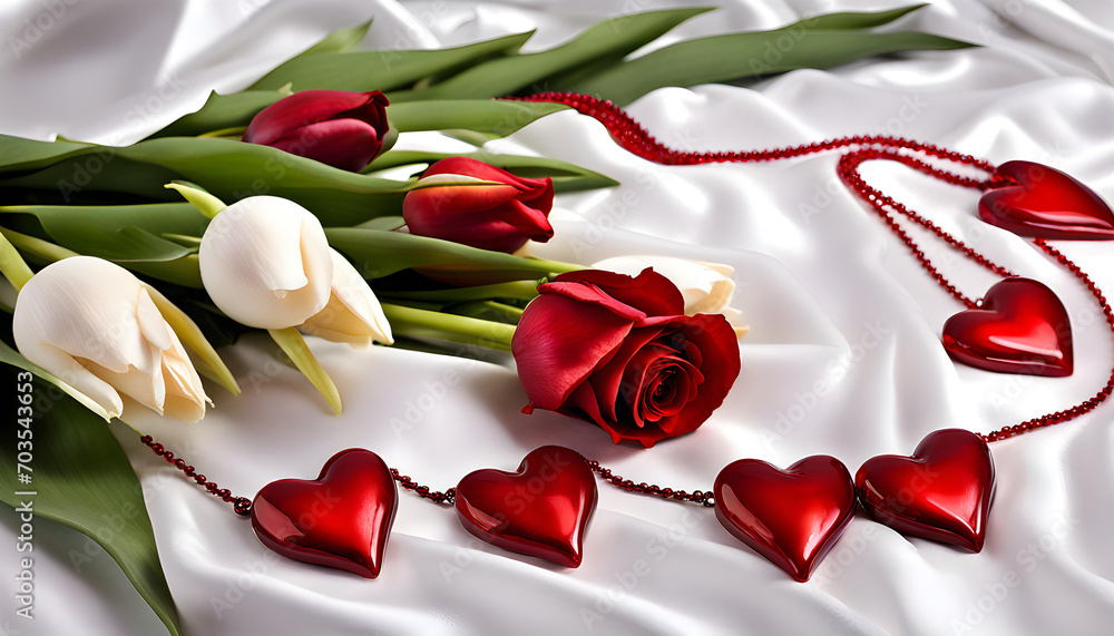 Group of 3d red hearts chain laying beside fresh flowers on shiny white velvet Group of 3d red hearts chain laying beside fresh flowers on shiny white velvet