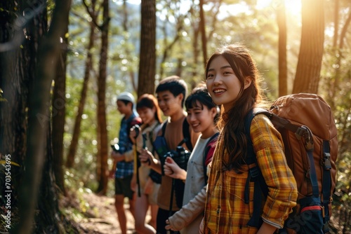 A fun group of Asian friends in the woods on a backpacking trip . On a hike, laughing