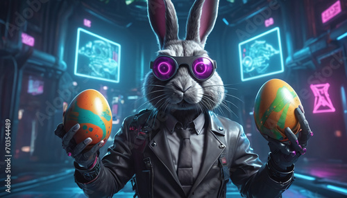 Easter holiday bunny holding easter eggs in cyberpunk style Generative AI