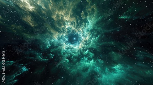 Mesmerizing view of a nebula in deep space. various shades of green and blue, creating an ethereal atmosphere. a mixture of gas clouds illuminated by surrounding stars.