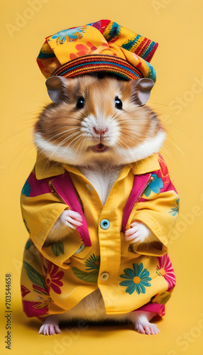 Hamster dressed in hippy clothes on yellow background. Humanization of animals concept.