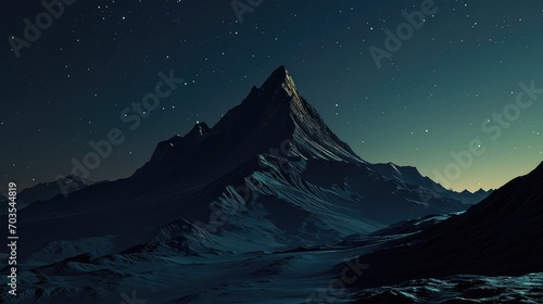 Breathtaking views of the mountain landscape under the starry night sky. The prominent snow-capped mountain peak is illuminated by the soft glow of the stars.