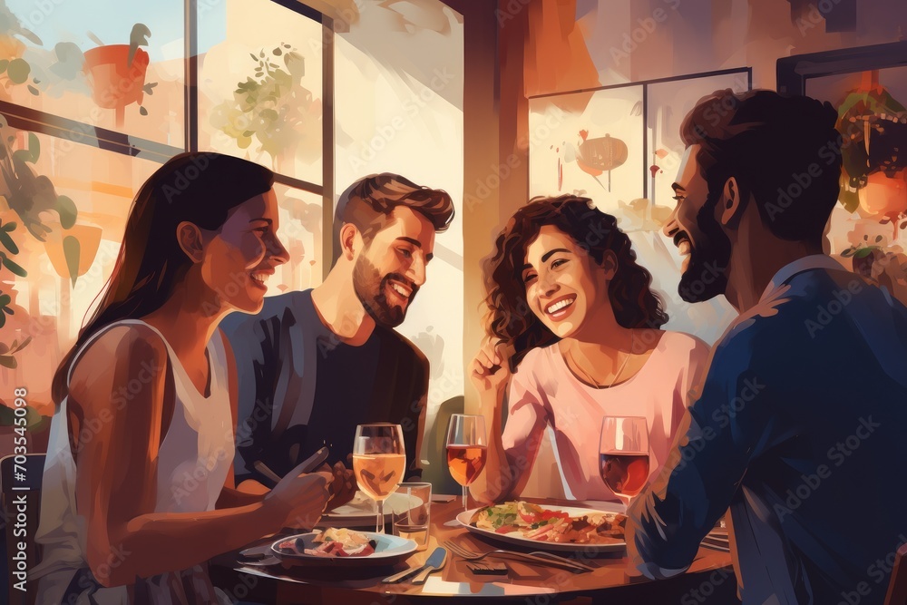 Group of friends sitting at the table in cafe. Vector illustration, Diverse friends having dinner in cafe, AI Generated Group of friends sitting at the table in cafe. Vector illustration, Diverse friends having dinner in cafe, AI Generated