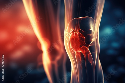 X-Ray image of human knee joint. 3D Rendering, Diseases of the knee joint, bone fracture and inflammation, AI Generated