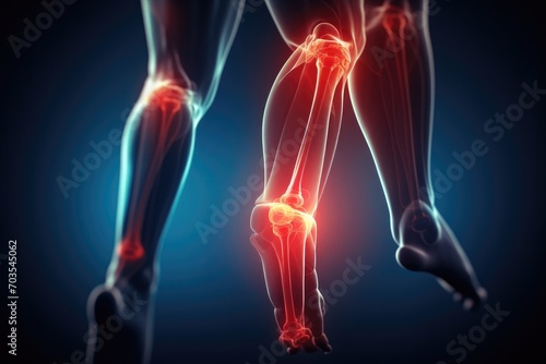 Conceptual human body anatomy articular joint pain on blue background, Diseases of the knee joint, bone fracture and inflammation, AI Generated