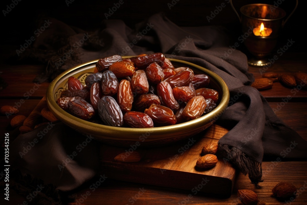 Dates in a bowl on a wooden background. Selective focus, Dried date palm fruits or kurma, ramadan, AI Generated Dates in a bowl on a wooden background. Selective focus, Dried date palm fruits or kurma, ramadan, AI Generated