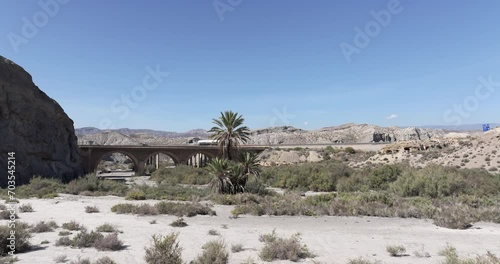 Aerial drone shot of oasis in desert with palm trees, mountains and highway bridge in Tabernas, Almeria, Andalusia, Spain, Europe. Drone orbiting around palm. Shot in 5K ProRes 422 HQ photo