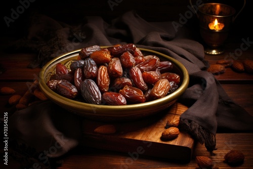 Dates in a bowl on a wooden background. Selective focus, Dried date palm fruits or kurma, ramadan, AI Generated
