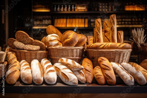 Baguettes, baguettes and bread rolls in a bakery, different bread loaves and baguettes on bakery shop, AI Generated
