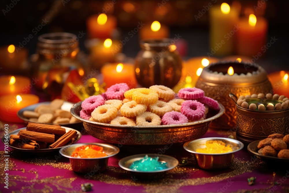Indian Festival Diwali, Diwali or deepawali, Traditional sweets and candies, Diwali sweets and treats displayed against a colorful festive background, AI Generated Indian Festival Diwali, Diwali or deepawali, Traditional sweets and candies, Diwali sweets and treats displayed against a colorful festive background, AI Generated