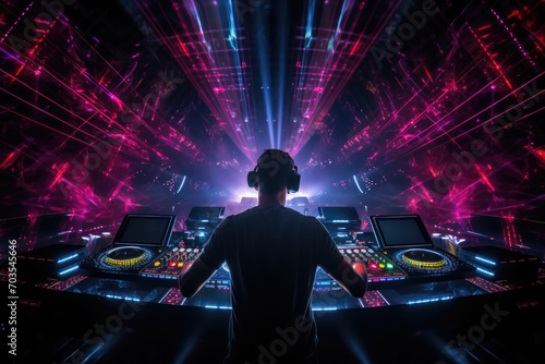 Dj mixes the track in the nightclub with colorful lights and smoke, DJ mixing tracks on a booth in a nightclub with colorful lasers show, AI Generated photo