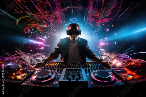 Young african american DJ playing music with headphones and mixer in nightclub, DJ mixing tracks on a booth in a nightclub with colorful lasers show, AI Generated photo