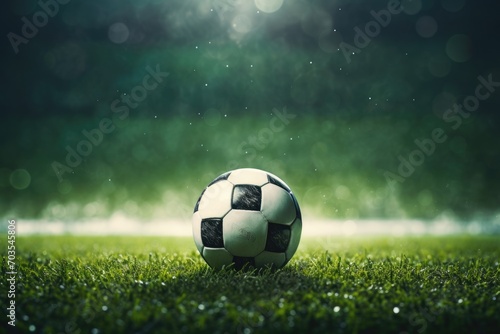Soccer ball on the green grass of football field with blue sky, dramatic shot of a soccer field with green grass, soccer ball lying on the field, AI Generated
