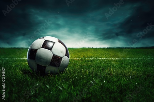 soccer ball on green grass field with bokeh light background  dramatic shot of a soccer field with green grass  soccer ball lying on the field  AI Generated