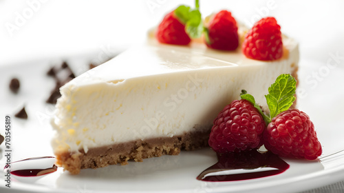 Classic Cheesecake Slice with Fresh Raspberries and Mint on White Plate