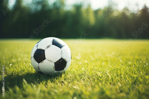 Soccer ball on green grass field with dark stormy sky background, dramatic shot of a soccer field with green grass, soccer ball lying on the field, AI Generated