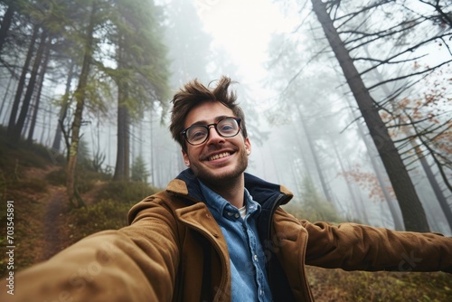 Happy young man enjoying nature in the forest, leading an adventurous and active lifestyle in summer or autumn.